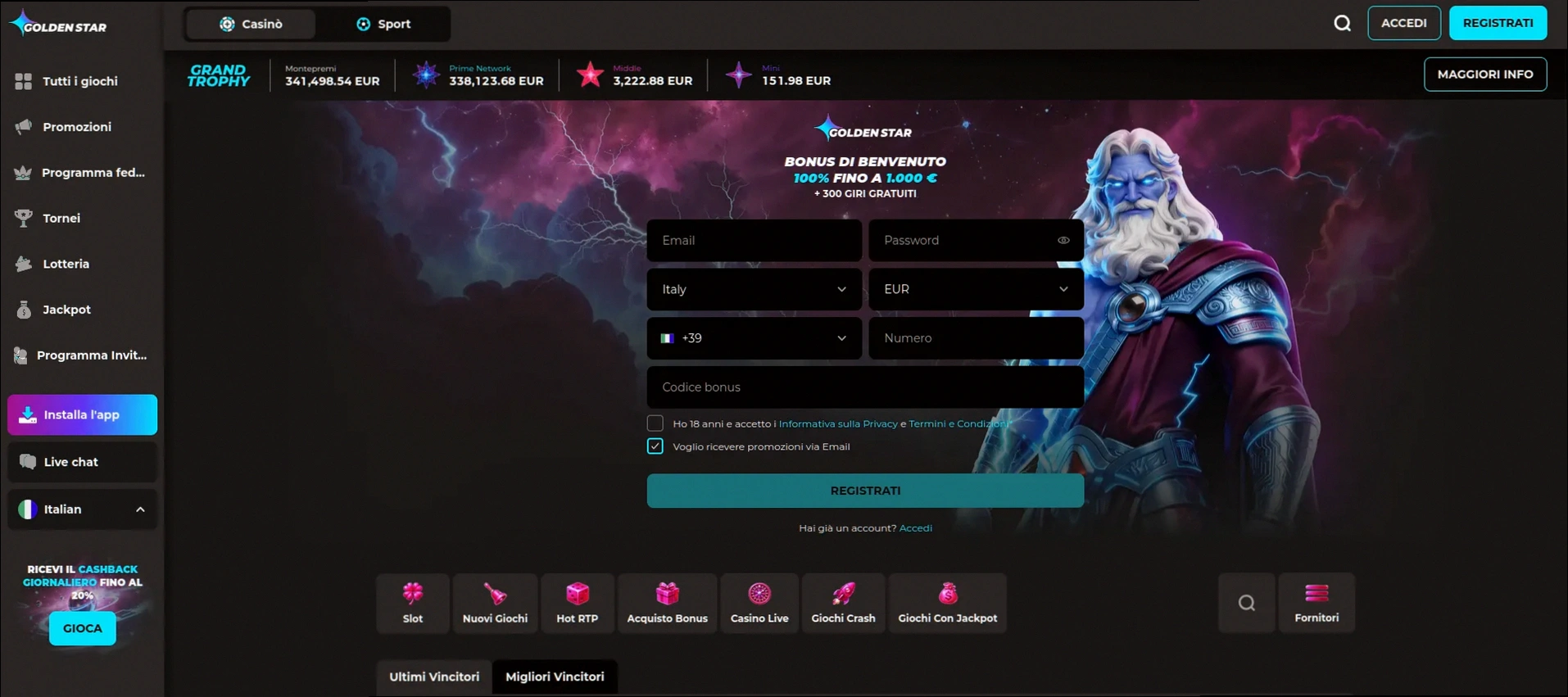 Golden star casino bonus benvenuto fino a 1.000 euro